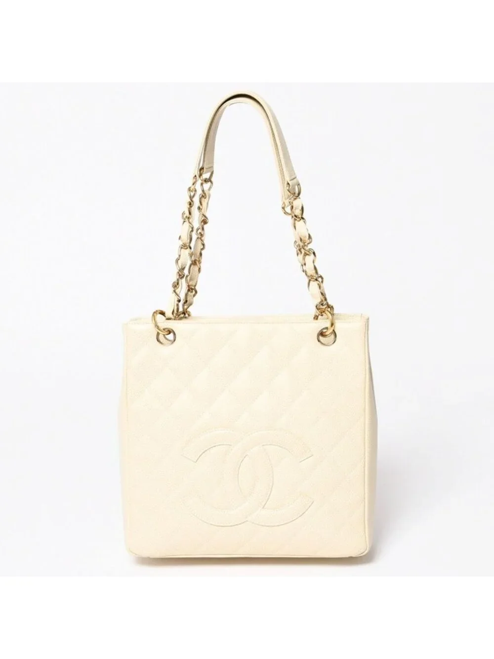 Chanel Petit Timeless Tote Bag Quilted Caviar Leather Light Beige CC Logo